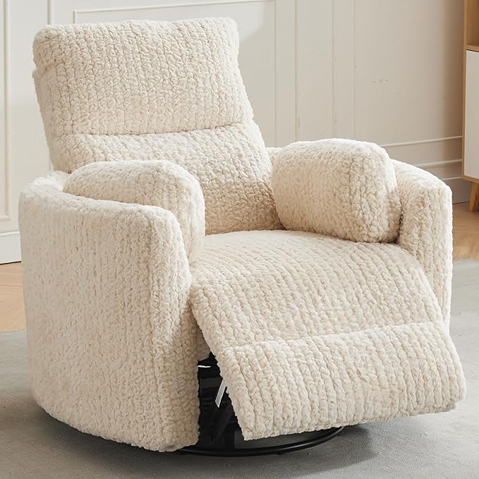 Swivel Glider Recliner, Boucle Upholstery Recliner with 2 Pillow, Nursery Glider Rocker Chair, Power Reclining Sofa Chair for Living Room/Office/Apartment/Off-White