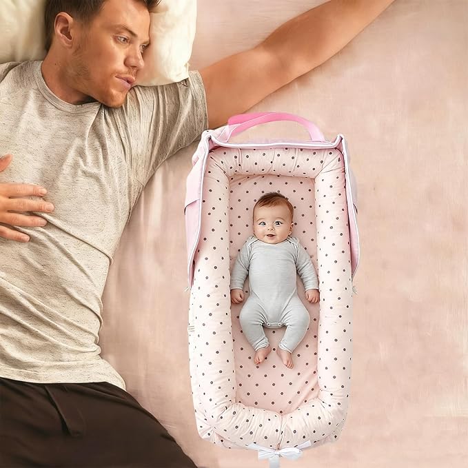 Baby Lounger for Newborn Portable Bag,Baby Nest Play Gym mat with Strap,Newborn Lounger Adjustable Size & Inner Zipper Lengthen Space to 24 Months(Pink Polka Dots)