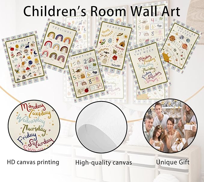 6Pcs Children Educational Numbers Canvas Wall art ABC Kids' Rooms Painting Pictures Wall Decor Toddler Rooms Learning Posters Print Artwork for Baby Room Nursery Home Decoration 8x10in Unframed