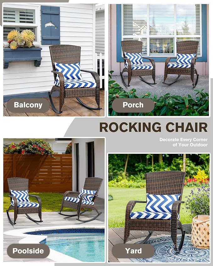 Outdoor Rocking Chair- Outdoor Glider Rattan Rocker Chair with Heavy Duty Steel Frame- All Weather Rocker Chair for Garden, Porch, Backyard, Poolside (Brown Rattan, 320lbs)