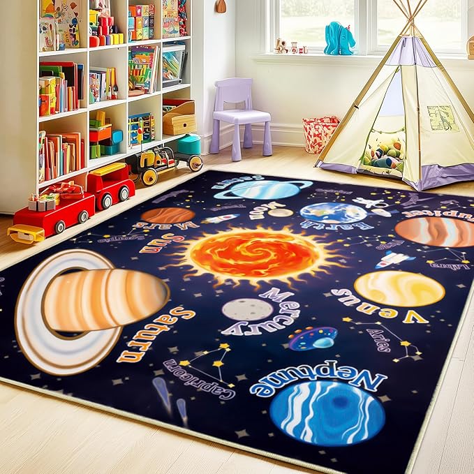 Kids Rugs for Playroom, 8x10 Feet Educational Rug for Learn The ABC Alphabet, Soft Machine Washable Non-Slip Cute Space Galaxy Carpet for Classroom Toddler Nursery Kids Room Decor Mat