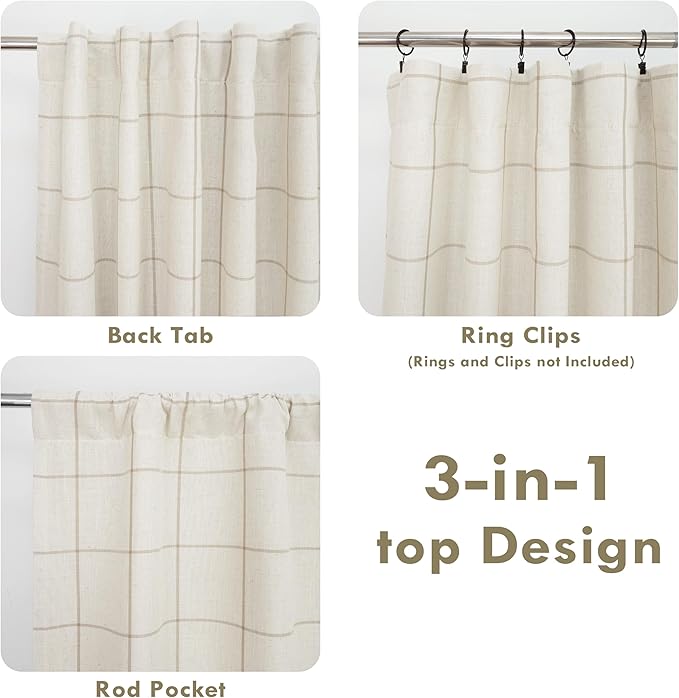 DriftAway 2 Panels 100% Blackout Windowpane Plaid Linen Curtains Double Layer Drapes for Bedroom 90 Inches Long Farmhouse Thermal Insulated 3.25 Inch Rod Pocket Back Tab for Living Room Taupe