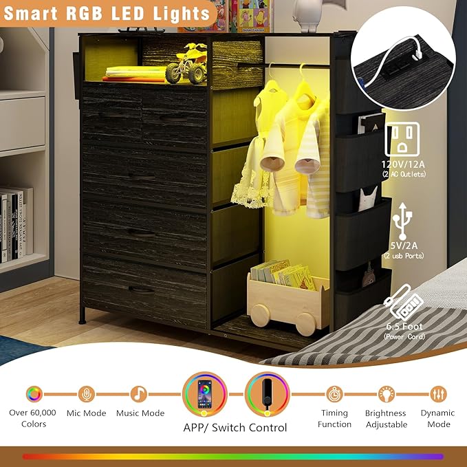 Dresser for Bedroom with Clothes Rack Side Pockets 5 Drawer Dresser with Charging Station LED Lights Black Storage Chest of Drawers for Nursery Hallway Closet Sturdy Steel Frame Wood Top