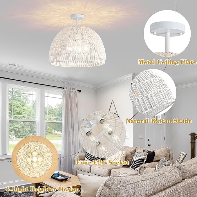 Rattan Ceiling Light Fixture, 4-Light Boho Semi Flush Mount Ceiling Light, 20" Wicker Light Fixture with Handmade Woven Cage Lampshade, Rattan Chandelier for Bedroom Hallway Nursery Kitchen Farmhouse