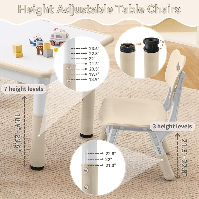 Kids Study Table and Chairs Set, Height Adjustable Toddler Table and Chair Set for Kids Ages 3-8, 31.5" L x 23.6" W Graffiti Desktop Plastic Children Art Table with 4 Seats