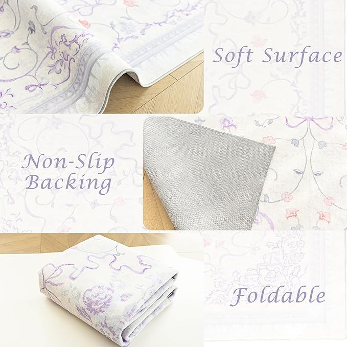 Pastel Purple and Pink Area Rug for Dorm Kids Room 6x9 Washable Light Lavender Whimsical Fairy Bow Floral Fun Rug for Girls Bedroom Toddler Play Room