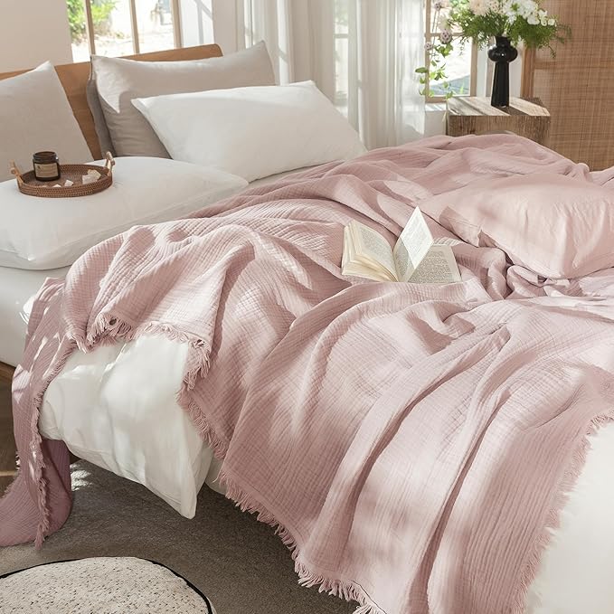 MooMee Muslin Blanket - 100% Cotton 4-Layer Gauze Throw Blanket with Tassels Ultra-Soft Breathable Lightweight Cooling for Bed Couch (Greyish Pink,King 104" x 90")