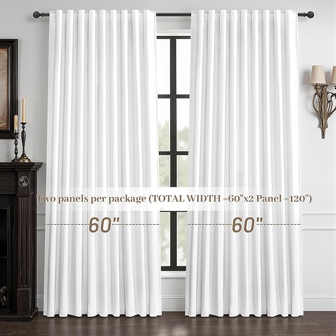 Pure White Blackout Curtains 60 Inches Extra Wide Modern Linen 96 Inch Length for Living Room, Boho Pleated Farmhouse Bedroom Large Window Thermal Heavy Drapes for Winter 60"W x 96"L 2 Panels