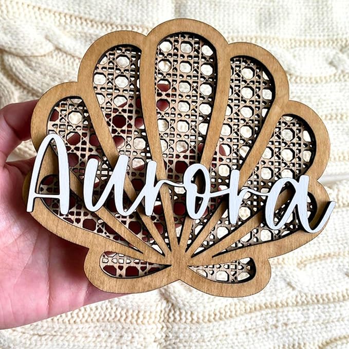 Personalized Rattan Seashell 3D Name Sign, Custom Boho Wood Personalized Name Sign, 3D Wooden Layered Handmade Letter Wall Decor for Nursery or Child's Bedroom, Rattan Baby Name Sign