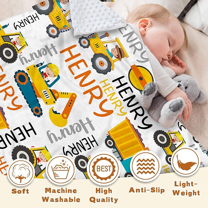 Personalized Baby Blankets for Boys, Custom Name Blanket Birthday Gift for Kid, Soft Flannel Blanket with Dotted Backing for Infants Toddlers, Customized Gifts, Yellow Truck(60" x80)