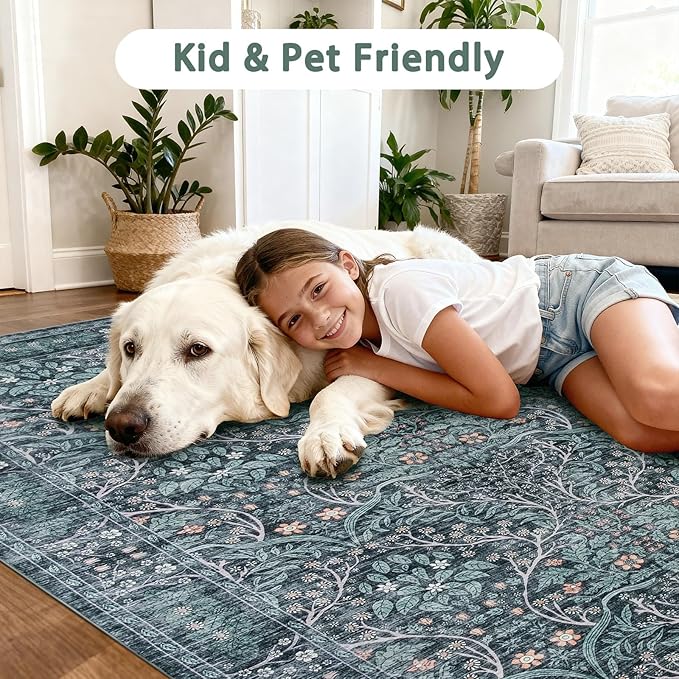 Retro Green Runners for Hallways,2x6 Washable Kitchen Runner Rug，Vintage Soft Low Pile Long Carpet for Kids Room Non-Slip Stain Resistant Runner for Bathroom Hall Kitchen Office Stair