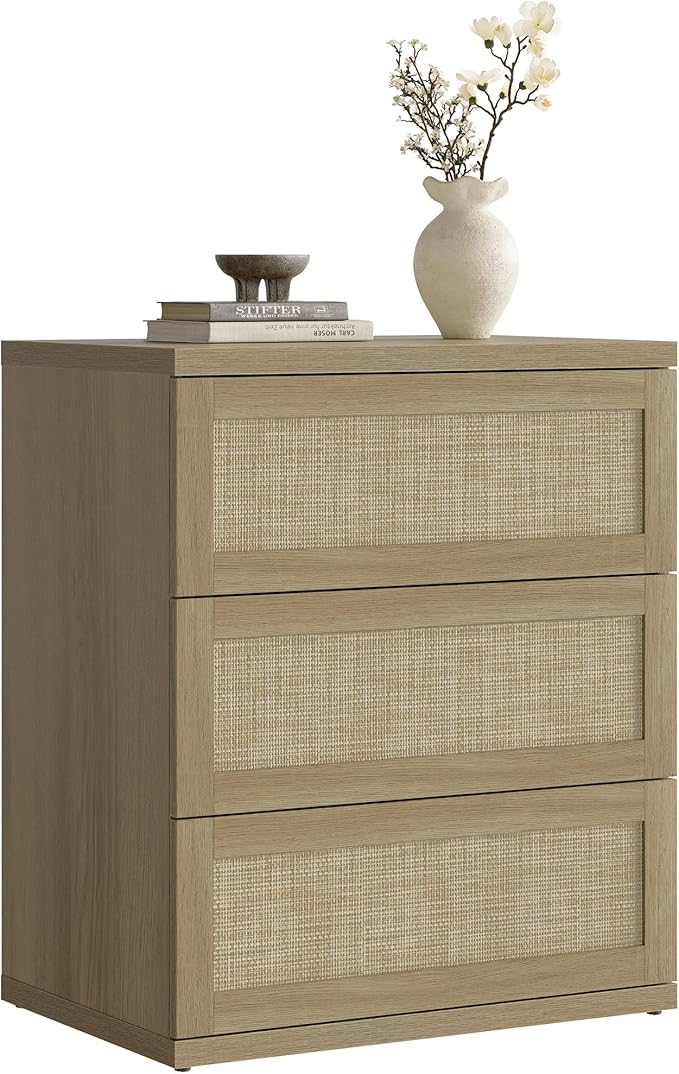 SICOTAS Dresser for Bedroom - Rattan Dresser with 3 Drawers Nursery Dressers & Chests of Drawers Boho Dressers for Bedroom Living Room Small Deep Clothes Closet Storage for Closet Hallway Entryway