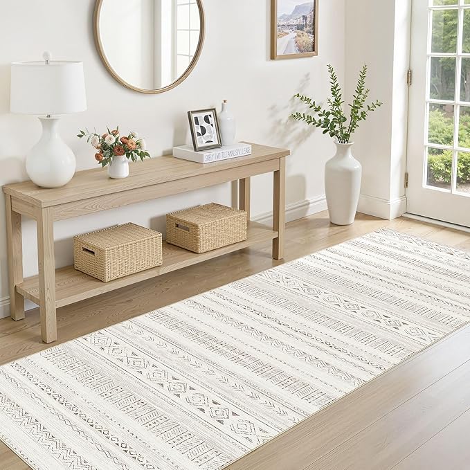 Boho Hallway Runner Rug 2.6x8: Soft Machine Washable Moroccan Farmhouse Runner for Entryway Kitchen Laundry - Non-Slip Morden Indoor Rug for Bedroom Bathroom - Light Brown/Cream