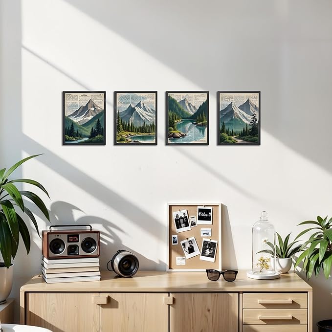 OFJE Vintage Forest Mountain Wall Art Decor Prints Set of 4, Retro Nature Landscape Wall Art Posters Decor for Home Bedroom Living Room, 8x10 Unframed