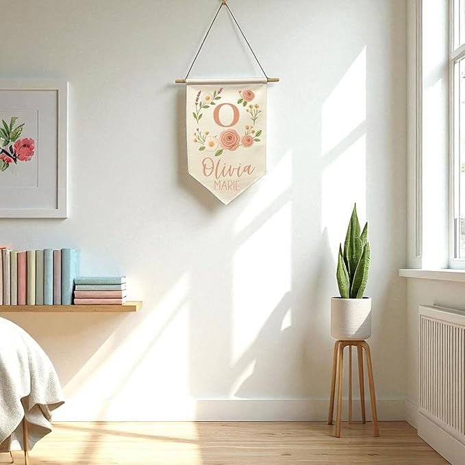 Custom Name Banner Faux Embroidery Nursery Wall Hanging - Boho Baby Girl Room Decor – Kids’ Name Sign for Nursery, Bedroom, or Playroom (Peach Flowers)