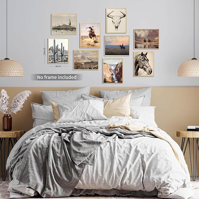Western Desert Cowboy Posters Wall Art Set of 9, Boho Western Ranch Canvas Wall Decor Prints, Farmhouse Collage Aesthetic Pictures for Bedroom Bathroom Gallery Office Home Decoration 8x10in Unframed