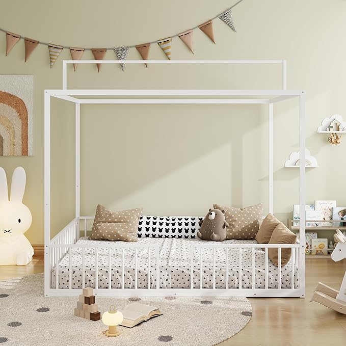 Merax Full Size Convertible Montessori Floor Bed, Metal House Bed Framefor Kids, Floor Beds with Fence for Kids,White