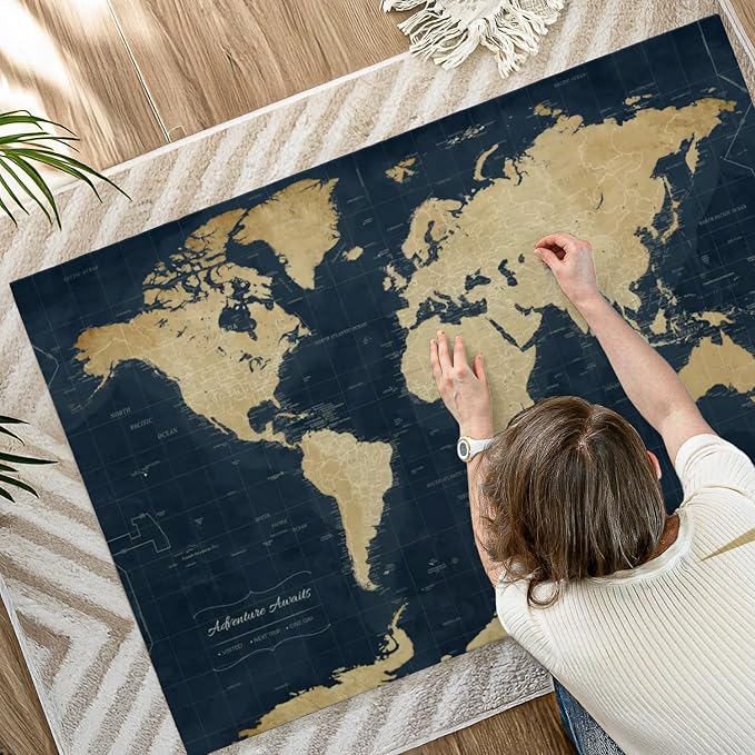 ElephantStock - Adventure Awaits World Map With Push Pins Wall Art - Horizontal Canvas Wall Art - Living Room Wall Decor - Digital Art Map Canvas Art - Gold And Blue Decor - 51" x 34"