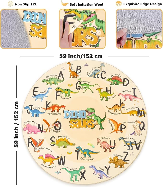Kids Rugs for Playroom, 5'x5' Round Educational Rug for Learn The ABC Alphabet, Soft Machine Washable Non-Slip Cute Dinosaur Carpet for Classroom Toddler Nursery Kids Room Decor Mat, Beige