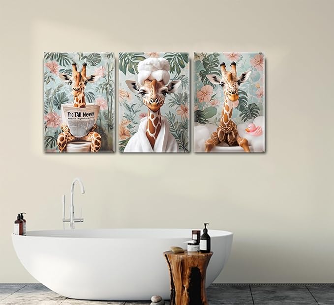 3Pcs Funny Animal Bathroom Canvas Wall Art Giraffe Reading Newspaper on Toilet Painting Picture Wall Decor Eclectic Jungle Giraffe Bathrobe Bathtub Poster Print for Toilet Bathroom Home Decoration