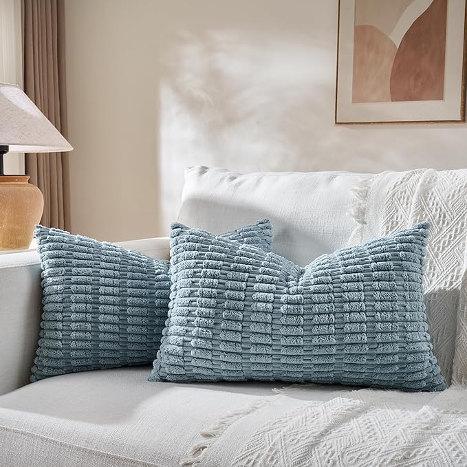 Fancy Homi 2 Packs Boho Light Blue Decorative Throw Pillow Covers 14x24 Inch for Couch Bed Sofa, Rustic Modern Farmhouse Home Decor, Soft Plush Corduroy Cute Rectangle Cushion Case 35x60 cm