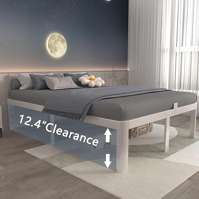 ITIMIDI 14 Inch White Queen Bed Frame with Round Corner Legs, Metal White Queen Platform Bed Frames, Storage Space, No Box Spring Needed, Heavy Duty Steel Support 3500 LBS, Noiseless, Easy Assembly