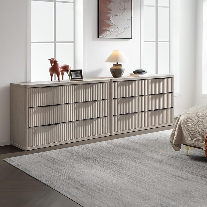 SICOTAS Dresser for Bedroom 107" Wide 6 Drawer Dressers & Chests of Drawers for Closet Long Large Modern TV Stand Set for Clothes Storage Fluted Wide Clothes Closet for Hallway Entryway, White Alder