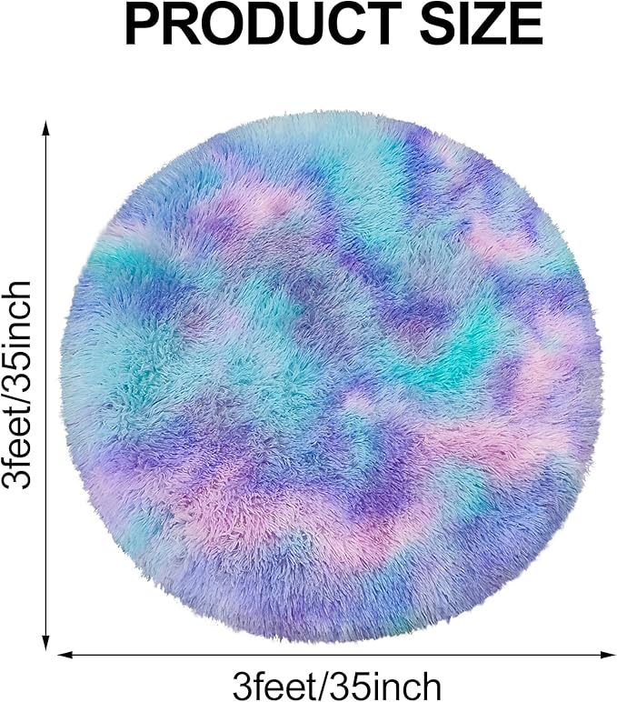 3x3 ft Small Fluffy Purple Rainbow Kids Rug for Girls Bedroom,Tie Dye Colorful Soft Shag Carpet Round Plush Shaggy Circle Area Rug Pink for Girls Room Nursery Baby Playroom Unicorn Home Decor