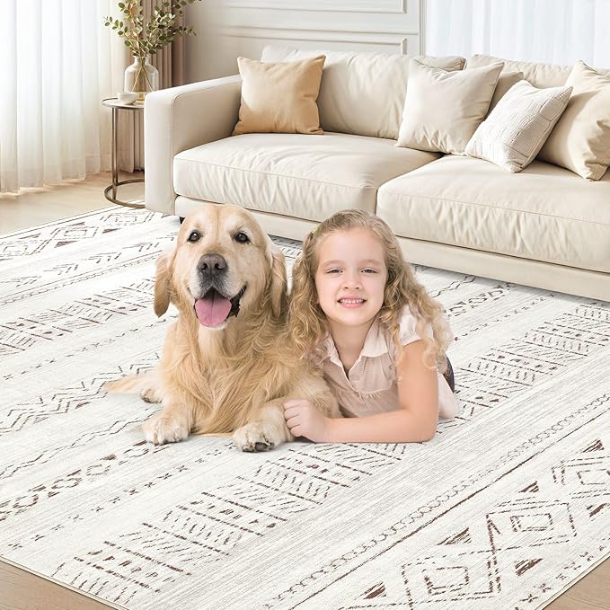 Area Rugs for Living Room Washable Living Room Rug Soft Neutral Indoor Floor Carpet Non-Slip Stain Resistant Modern Boho Rugs for Bedroom Dining Room Kids Room Nursery Office Home Brown