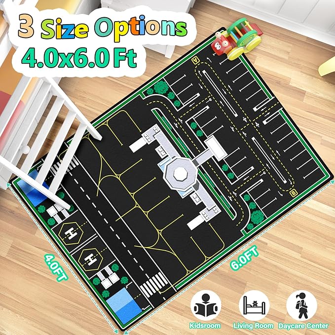 Kids Rug, Airport Rug & Play Mat, 4x6 Ft Road Carpet for Kids with Combined City Traffic & Airport Runway, Non-Slip Playmat for Playroom, Classroom, and Bedroom