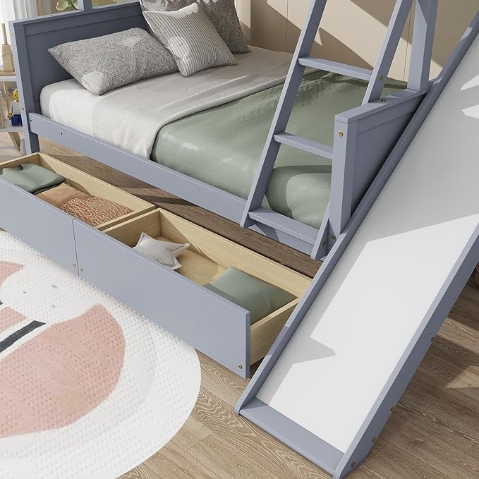 Twin Over Full Bunk Bed with 2 Drawers and Slide, Wood Bunk Bed Frame with Shelves and Ladder, Space Saving Design Bunk Bed for Kids Teens Boys Girls (Grey-x32c)