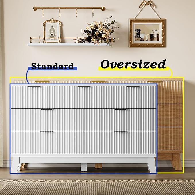 57" Long Dresser for Bedroom, 7-Drawer Fluted Chest, Wide Wood Storage Dresser with Metal Slides and Handles, Stable Base, Modern Clothes Organizer for Primary Suite, Guest Room, Nursery