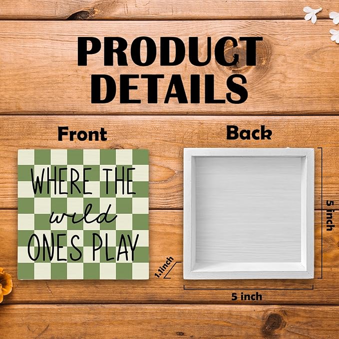 Where The Wild Ones Play Wood Box Sign Desk Decor 5X5, Nursery Kids Room Wooden Block Sign Decorations for Playroom Toddler Boys Girls Room Wall Tabletop Shelf Decor