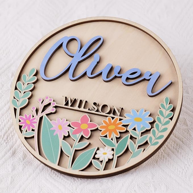 Personalized Birth Announcement Sign for Hospital, UV Printed Wooden Floral Baby Name Sign, Newborn Announcement Sign Disc (Design 02)
