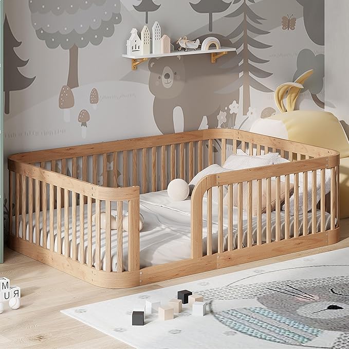 Full Size Floor Bed with Fence for Boys Girls, Solid Wood Natural Bed Frame, Natural