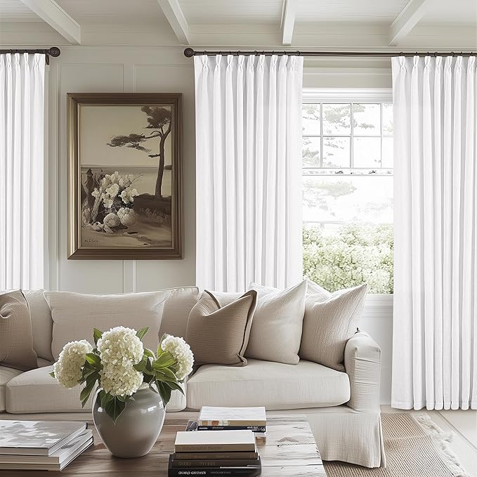 Pleated Linen Curtains 120 Inches Long 60 Inch Width Extra Wide for Living Room Bedroom White Semi Sheer 120 Inch Length Back Tab Hooks Rings Pinch Pleat Curtains for Patio Glass Door 1 Panel