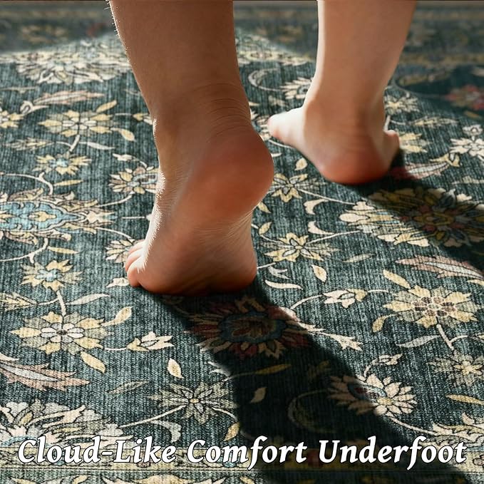 Washable 3x5 Entryway Rug, Boho Non-Slip Vintage Distress Small Rugs for Kitchen Nursery Office Bedroom, 0.3" Neutral Oriental Throw Thin Carpet with Cushioning Pad, Sage Green/Blue/Multi