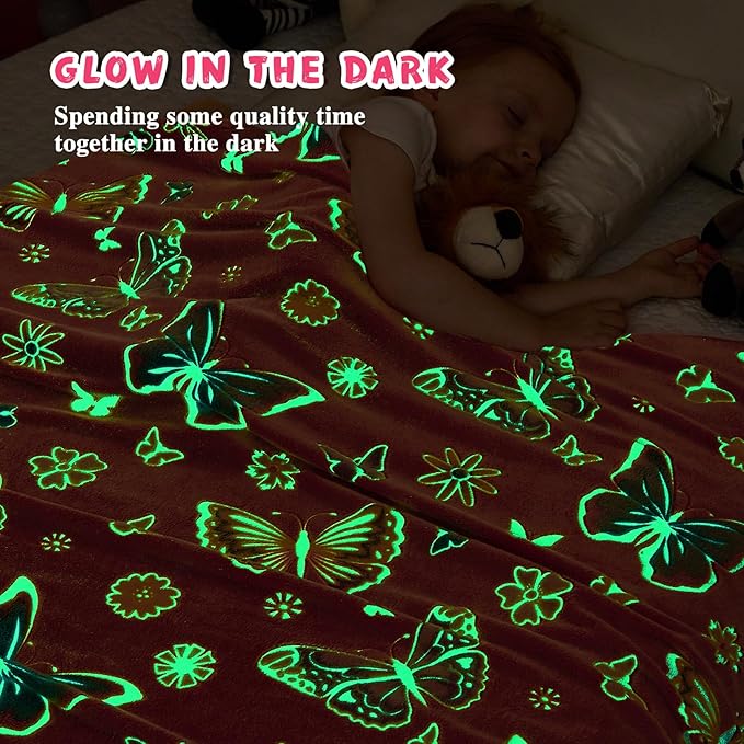 inhand Butterfly Toys for 2 3 4 5 6 7 8 9 10 Year Old Girls,Girl Birthday Gifts Glow in The Dark Blanket Butterfly Soft Fleece Decorations for Kids Room（50"X60" Pink Butterfly）