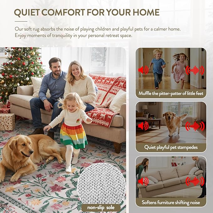 Wonnitar Round Christmas Rug Washable, Christmas Bedroom Decor 5ft Round Area Rug, Holiday Decor Under Xmas Tree Non Slip Floral Print Circle Carpets for Living Room Kitchen Dining Room