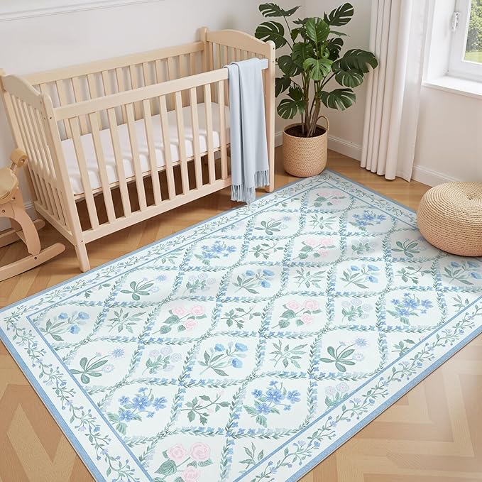 4x6 Rugs for Bedroom Girls, Boho Blue Floral Washable Area Rug Non Slip, Soft Indoor Cute Decor Elegant Carpet for Kids Room Nursery Dorm Living Room Dining Room, Blue Multi