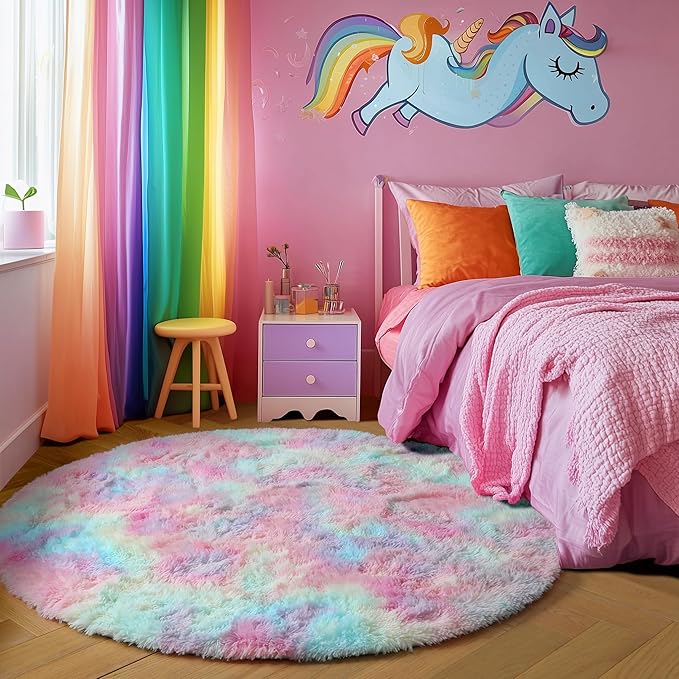 Amdrebio Rainbow Fluffy Small Round Rug 3Ft Kids Rugs for Girls Bedroom, Unicorn Room Decor, Colorful Pastel Shag Carpet for Dorm, Soft Cute Fuzzy Kawaii Circle Area Rugs for Baby Nursery, Playroom