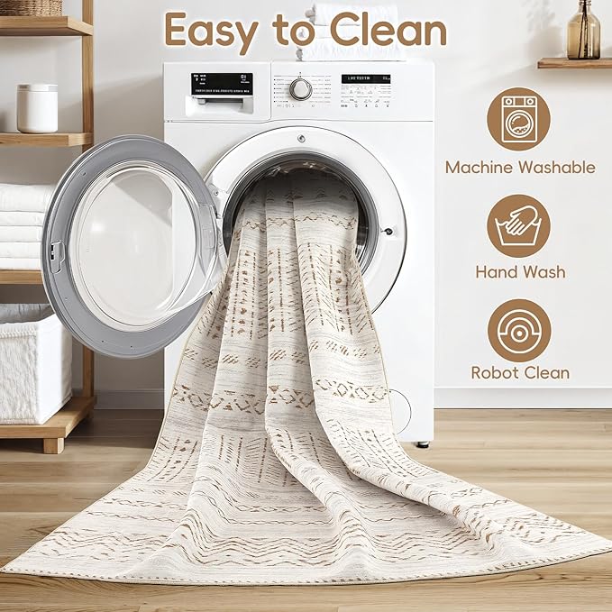Area Rugs for Living Room Washable Living Room Rug Soft Neutral Indoor Floor Carpet Non-Slip Stain Resistant Modern Boho Rugs for Bedroom Dining Room Kids Room Nursery Office Home Brown/Cream