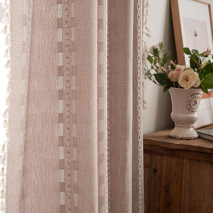 Deeprove Boho Curtain 84 inches Long for Living Room Bedroom Nursery, Retro Bohemian Coffee Linen Sheer 84 inches Length Tassel Stripe Embroidery Privacy Window Treatment W52 x L84, 1 Panel Natural