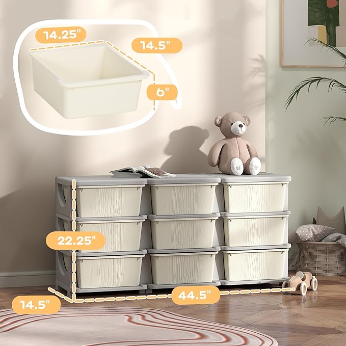 Qaba 3 Tier Kids Storage Unit, 9 Drawer Chest Toy Organizer Plastic Bins for Kids Bedroom Nursery Kindergarten Living Room for Boys Girls Toddlers, Cream White
