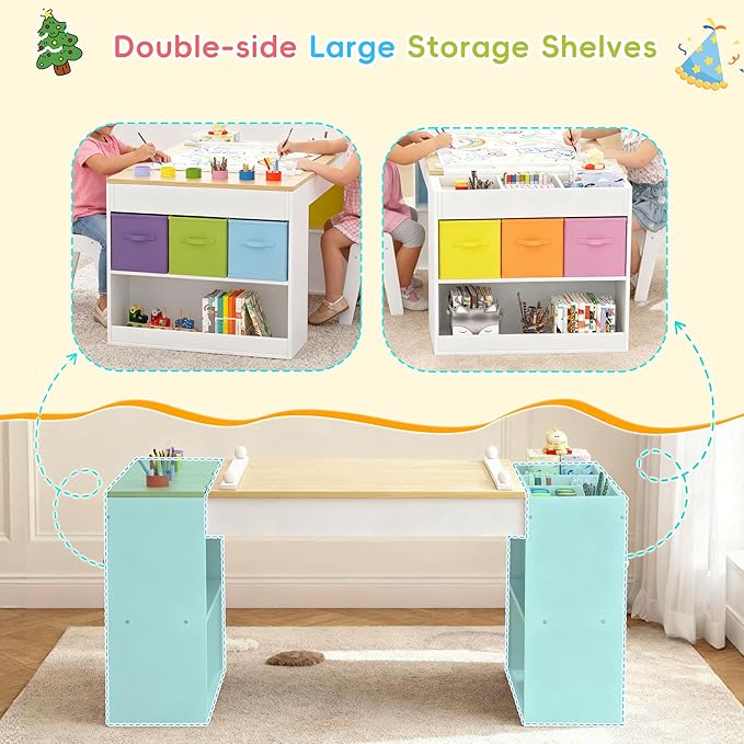 Kids Art Table and 2 Chairs Set, Wooden Craft Desk with 2 Storage Shelves, 6 Storage Bins & Paper Roll for Drawing, Learning and Reading, Toddler Activity Play Desk for Home, 47 L x23 W
