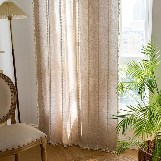 Deeprove Natural Burlap Look Boho Curtains 90 inches Length for Living Room Bedroom Nursery, Vintage Chic Bohemian 90 inches Long Embroidery Farmhouse Tassel Window Treatments, W52 x L90, 1 Panel