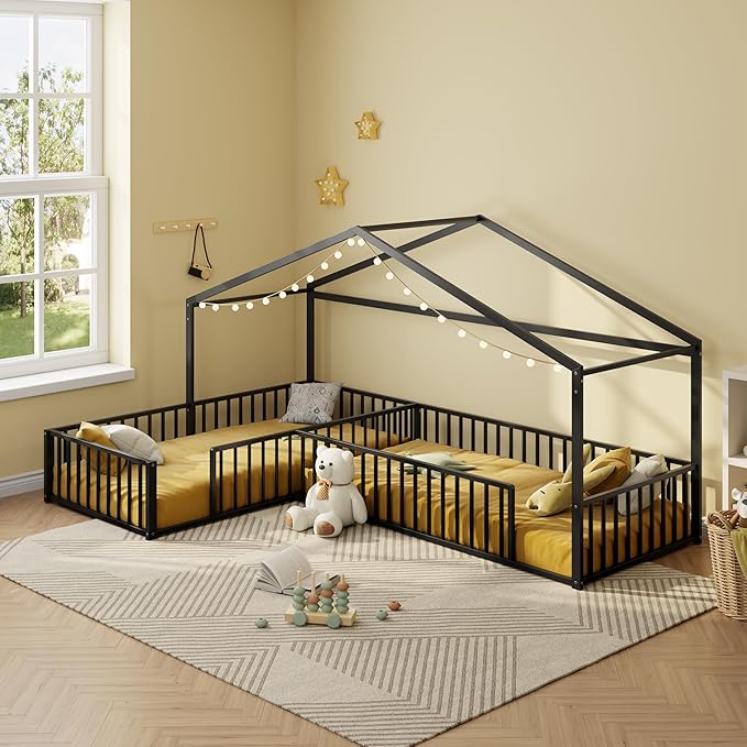 SOFTSEA Twin Size L-Shaped House Floor Bed, Metal Montessori Bed Frame with Fence Guardrails, Double Twin Corner House Bed for 2 Kids, No Slats, Easy Assembly, Black
