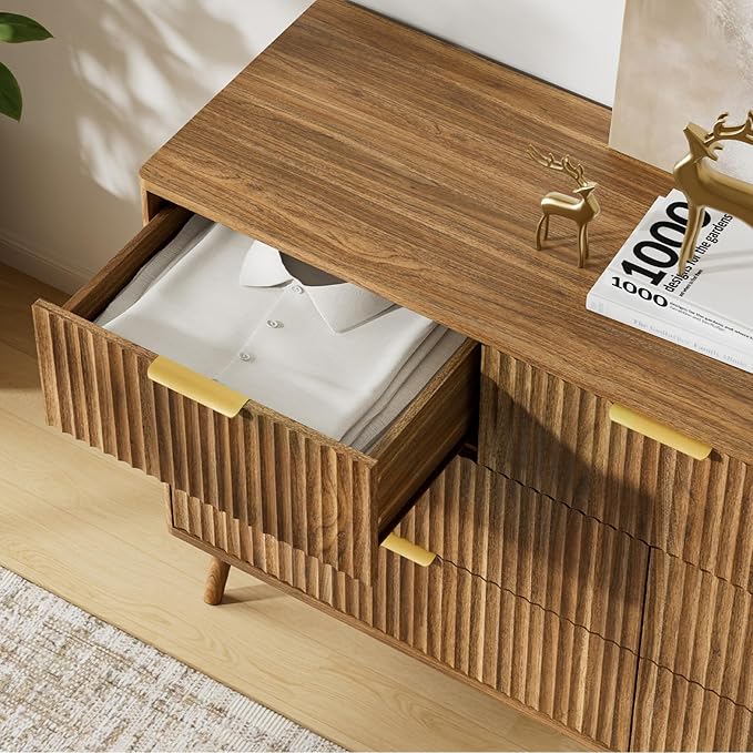 LYNSOM 55" Wide Fluted Dresser for Bedroom with 6 Drawer, Modern Chest of Drawers with Curved Profile Design and Metal Handles, Wood Dresser TV Stand & Storage Organizer for Living Room, Walnut