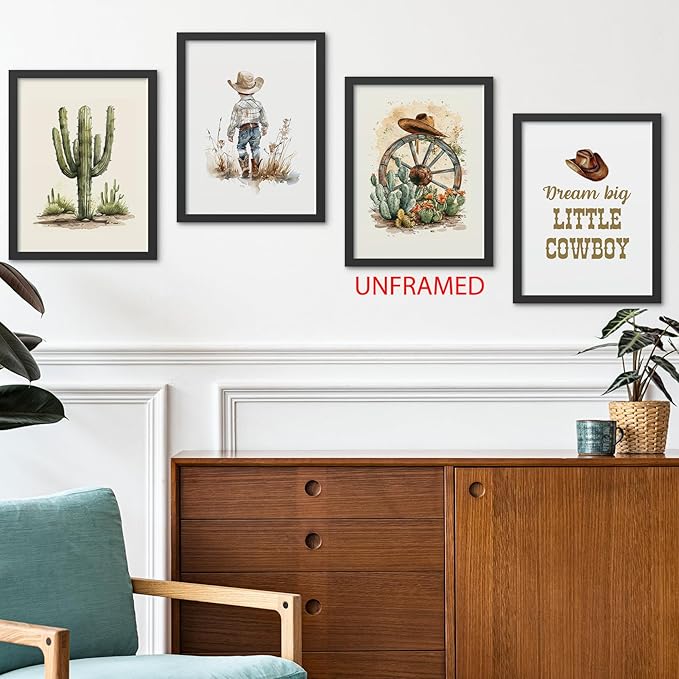 Hxlac Western Cowboy Wall Art Prints Set of 4 Unframed - Desert Cactus Hats Wall Decor for Toddler Kid Boy Room, Dream Big Little Cowboy (12x16Inches)