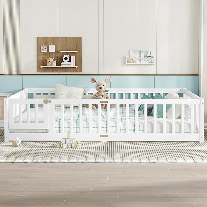 Bellemave Queen Size Floor Bed for Kids, Girls, Boys, Wood Floor Bed with slats and Door, White